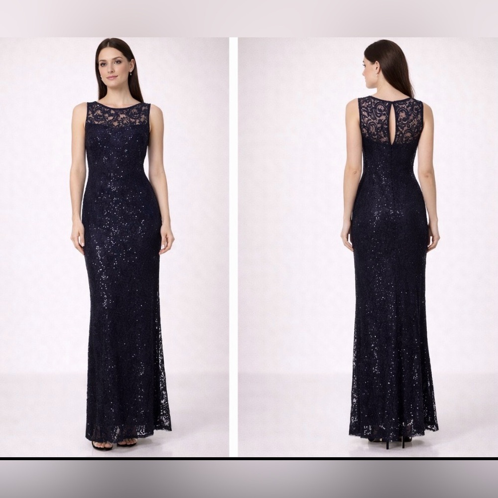 Marina Long Formal Dress 8 Navy Blue Sequin Sleeveless Wedding Party Cruise NEW